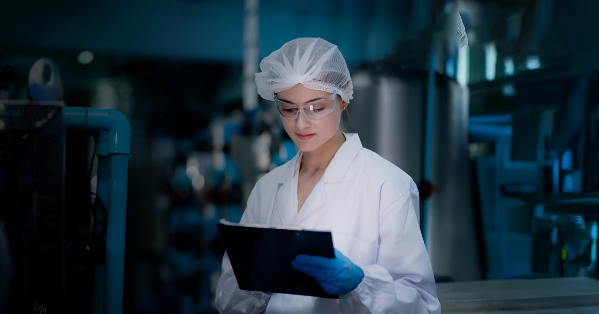 Lab technician in a white coat and hairnet reviews a clipboard in a dimly lit industrial lab, wearing safety glasses and blue gloves.