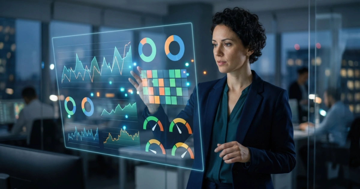Professional woman analyzes a glowing holographic dashboard with line graphs, donut charts, and gauges.