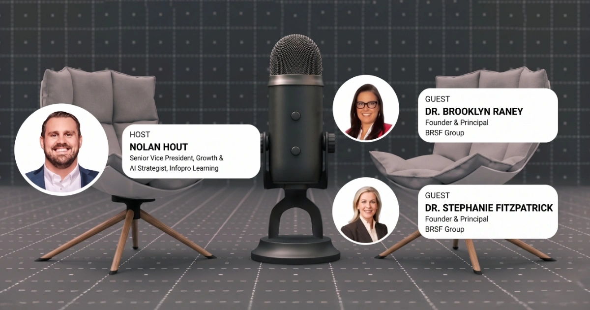 Podcast setup with a central microphone, two lounge chairs, and circular headshots labeled Host Nolan Hout and Guests Dr. Brooklyn Raney and Dr. Stephanie Fitzpatrick.