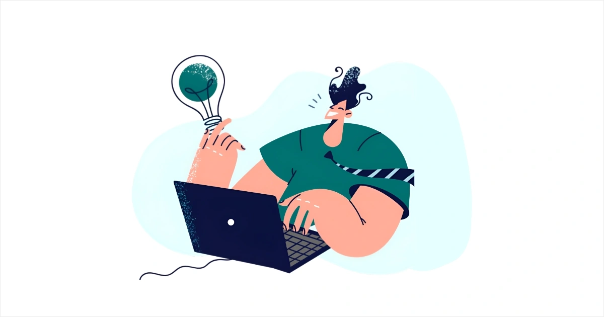 Cartoon of a muscular person typing on a laptop, holding a lit lightbulb to symbolize a new idea.