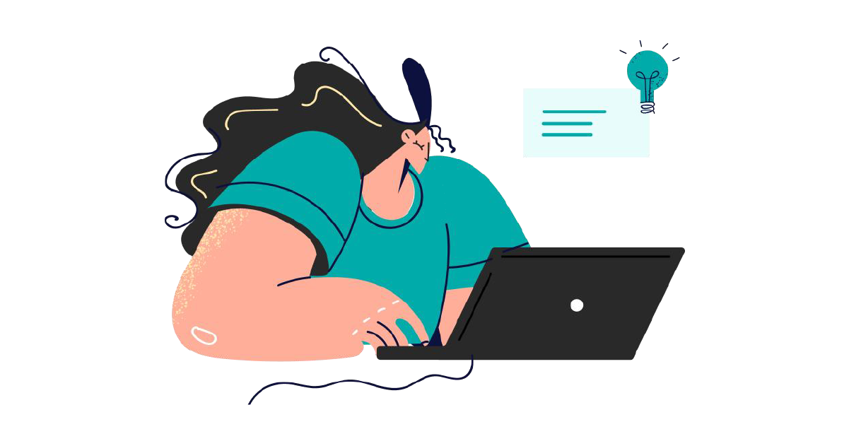 Person typing on a laptop, leaning forward with a teal shirt and dark hair in a stylized illustration.