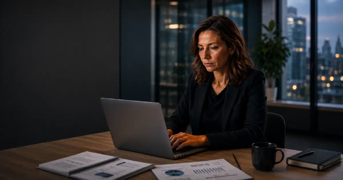Professional woman in a blazer typing on a laptop at a desk in a dimly lit office with city lights outside.