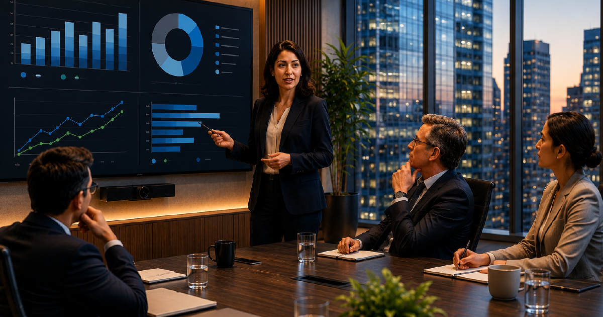 Businesswoman in a suit presents dashboards with bar, donut, and line charts to three colleagues in a glass-walled boardroom with city skyline outside at dusk.