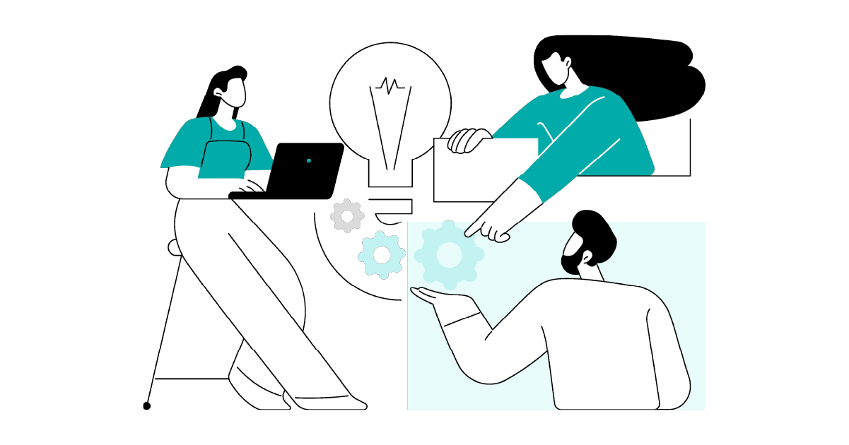 Three people collaborate around a table, one with a laptop, with a lightbulb and gears symbolizing ideas and teamwork.