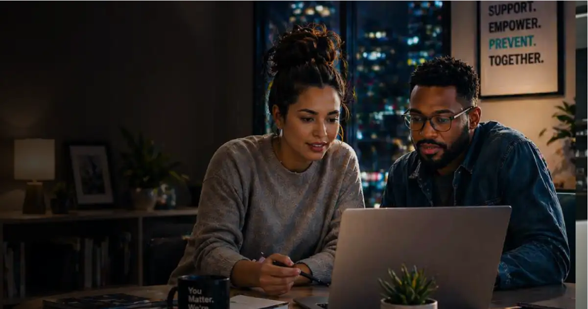 Two coworkers lean over a laptop at a desk in a dim office; a poster on the wall reads 'Support. Empower. Prevent. Together.'