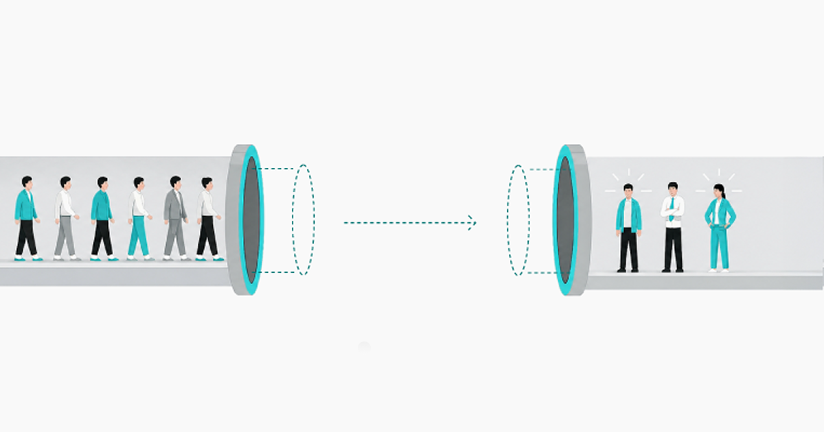 Line of people walking into a portal from the left, emerging on the right as a small team of three professionals in teal and white outline the transition idea.