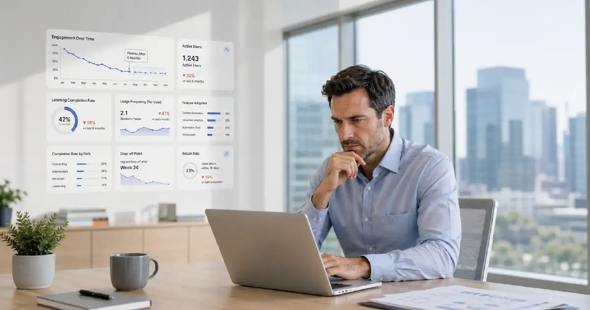 Man in a light blue shirt sits at a desk, typing on a laptop with analytics dashboards visible on a glass wall behind him in a bright office.