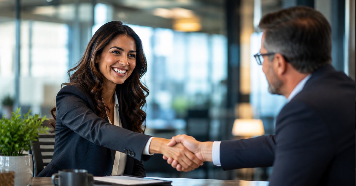 Woman and man in a modern office shake hands across a desk, both smiling.
