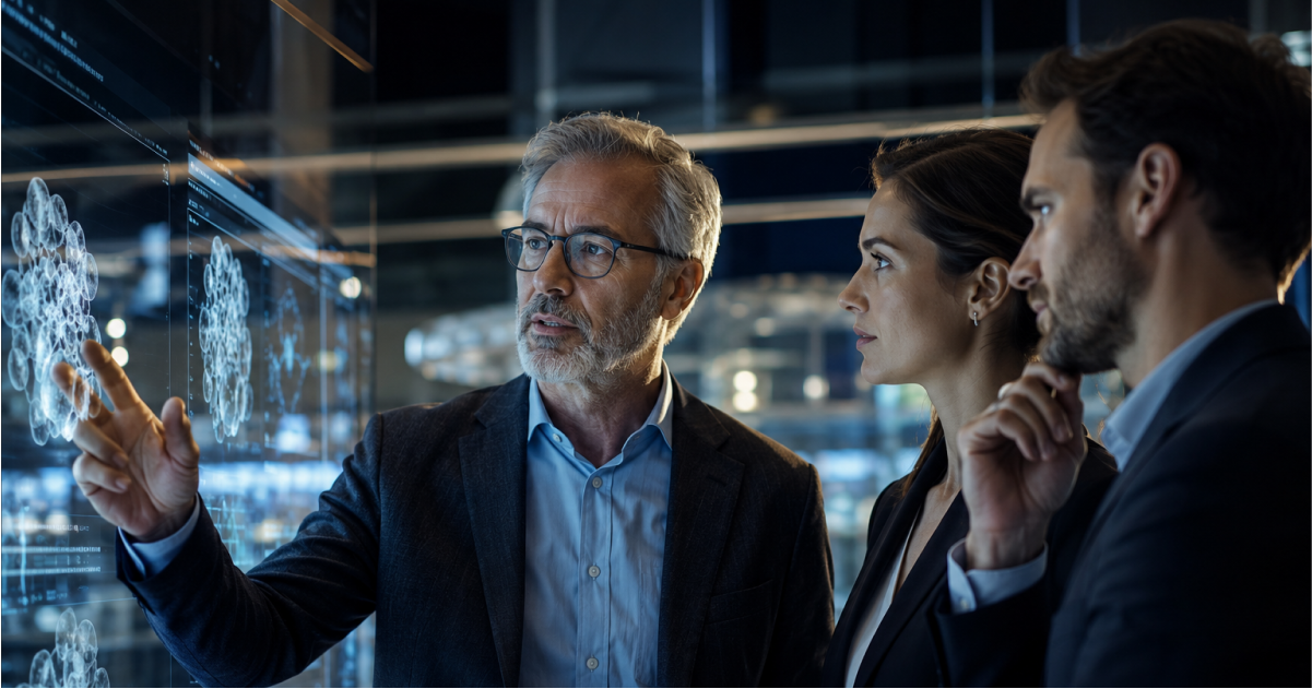 A man with glasses explains brain scans projected on a glass wall to two colleagues in a high-tech office.