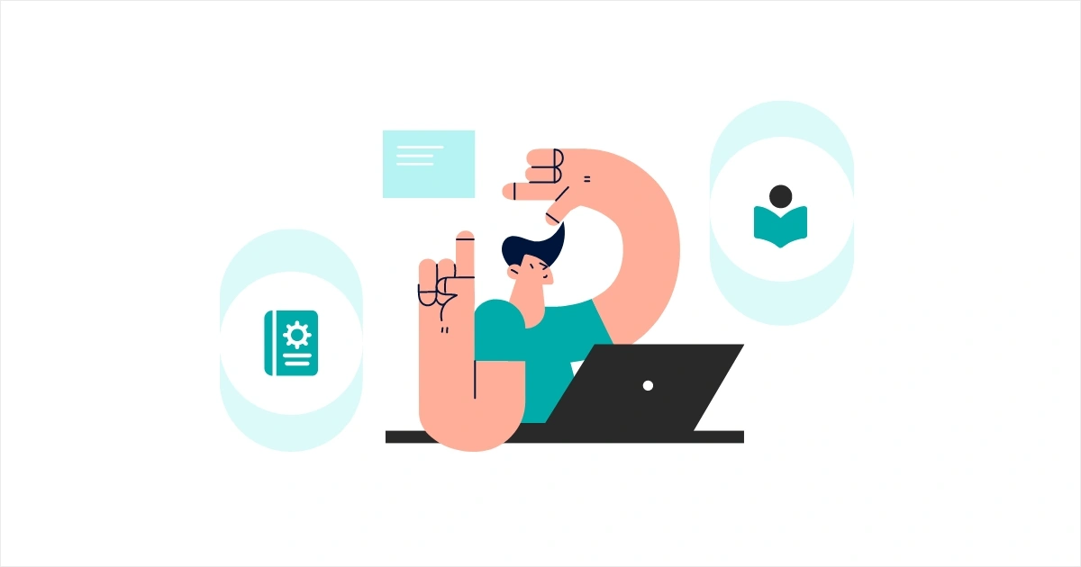 Cartoon of a person typing on a laptop with oversized hands making gestures, surrounded by educational icons like a book and chat box.