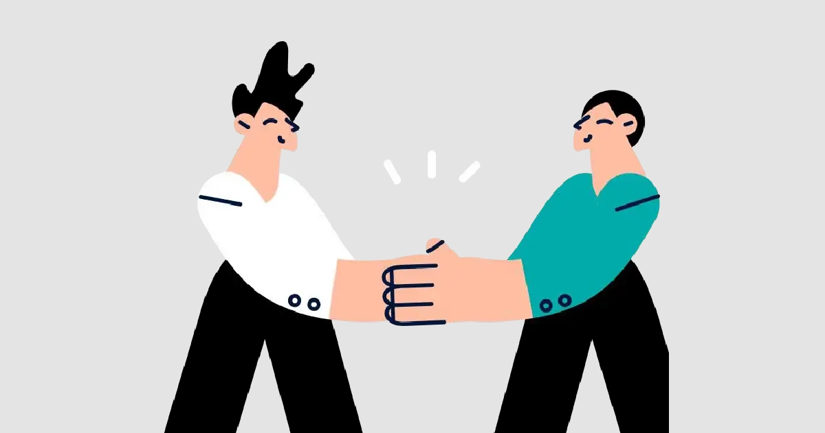 Two cartoon figures shake hands against a neutral gray background, representing a partnership or agreement.