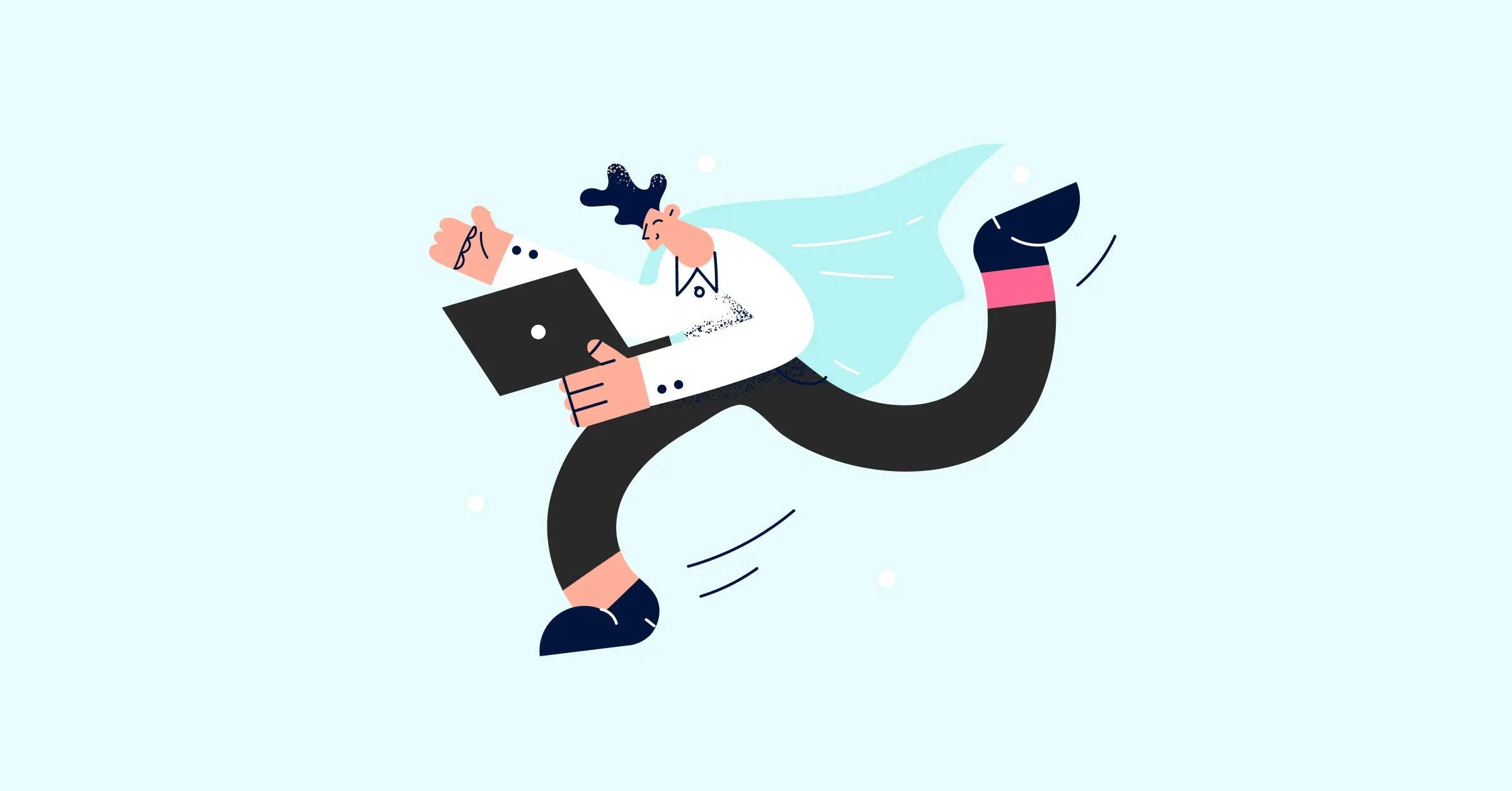 Cartoon worker sprinting with a laptop in hand against a pale blue background, conveying fast, mobile work.