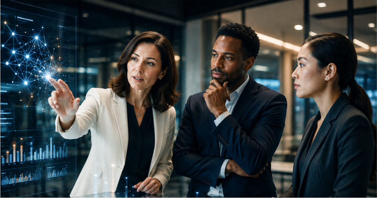 Three business professionals examining a glowing data dashboard with graphs and connected nodes on a digital display while discussing insights.