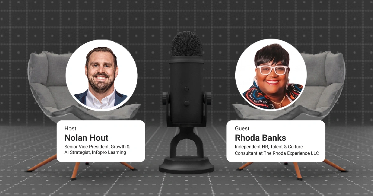 Central black microphone between two round headshots; left card reads Host Nolan Hout with bio, right card reads Guest Rhoda Banks with bio.