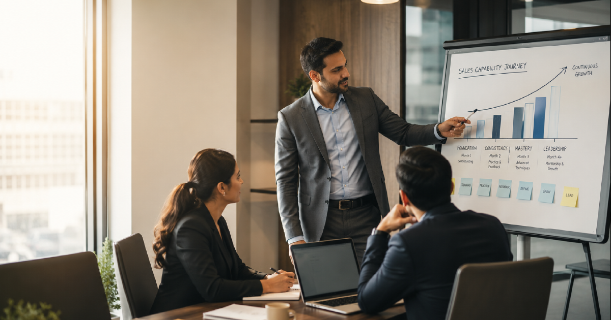 Man in a suit presenting a sales chart to colleagues in a boardroom. A flip chart shows bars and a rising line graph as others listen.