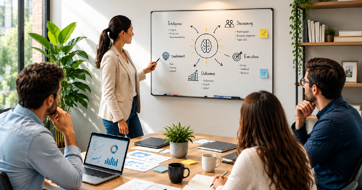 Businesswoman presenting a brain-diagram on a whiteboard to four colleagues in a bright, modern office.