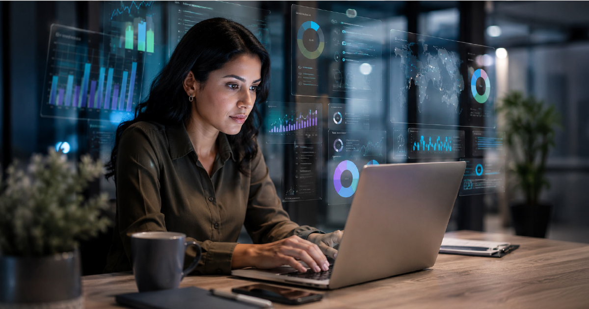Woman working on a laptop with translucent data dashboards projected around her in a dim, modern office.