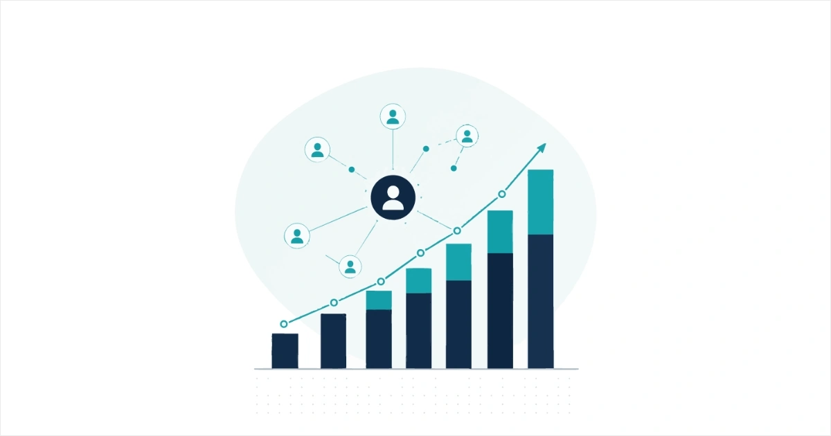 Bar chart with increasing stacked bars and a network of user icons above, symbolizing growth and outreach.