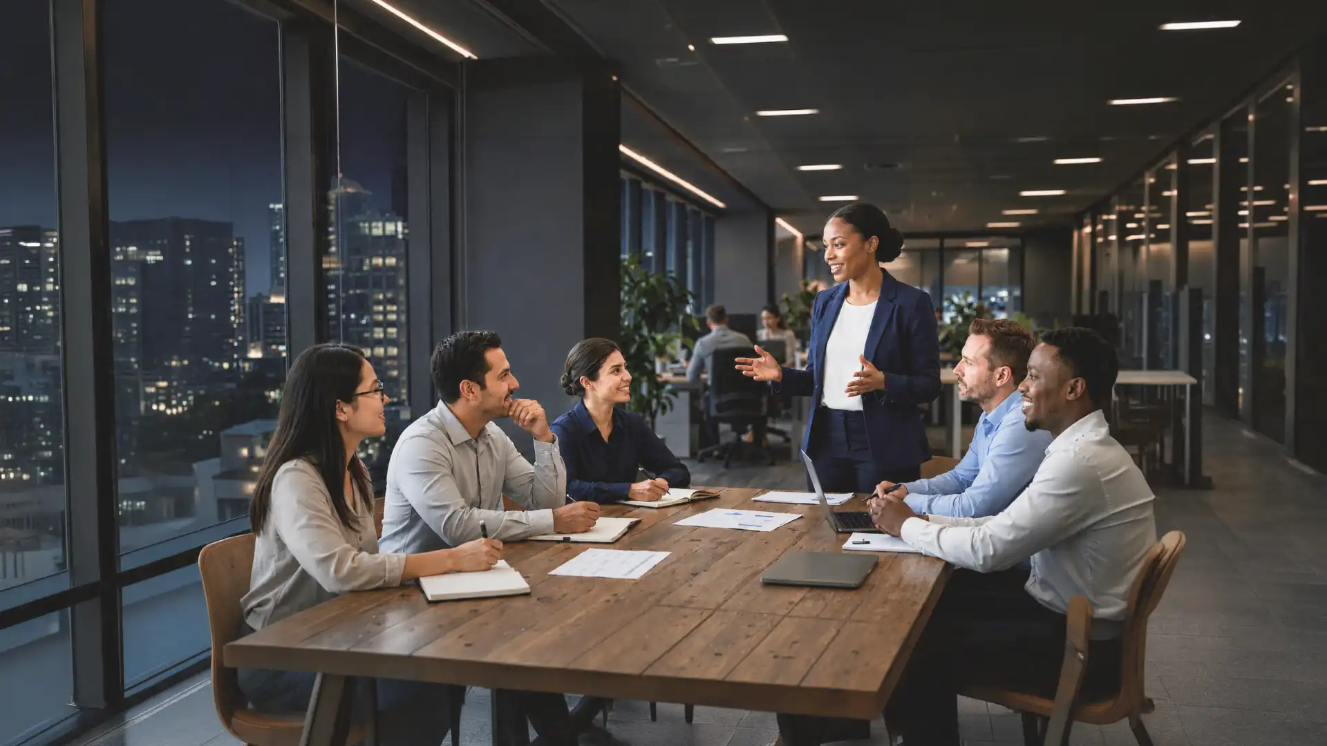 Team meeting in a glass-walled, night-time office with city lights outside; colleagues around a wooden table discussing.