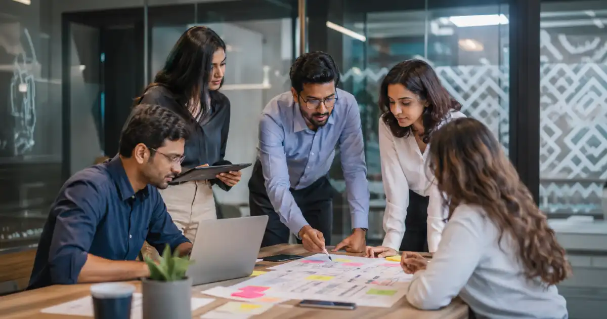 Five professionals collaborate around a table in a modern office, reviewing a large sheet of notes and charts together.