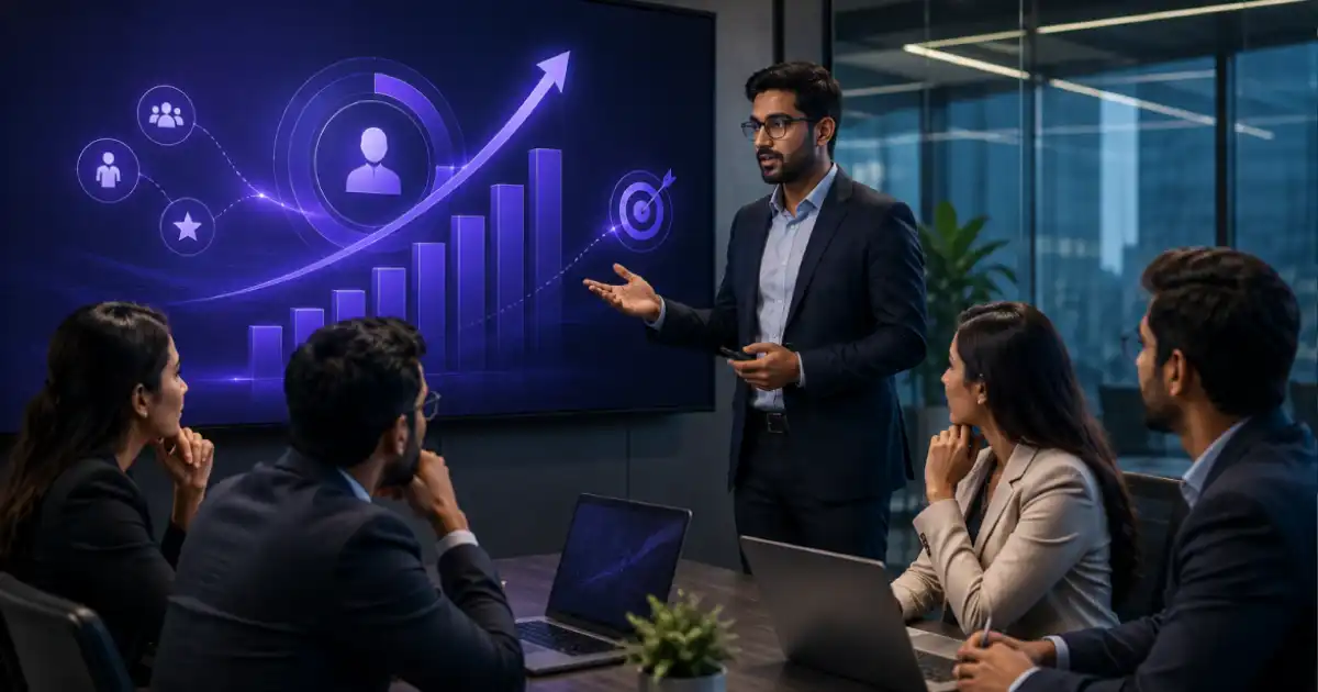 Professional presenter in a suit explains a rising graph on a large screen to seated colleagues in a conference room.