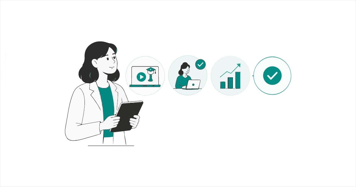 Woman in a blazer holds a tablet while five circular icons depict an online learning journey: video lesson, student at a laptop, upward chart, and a final green checkmark.