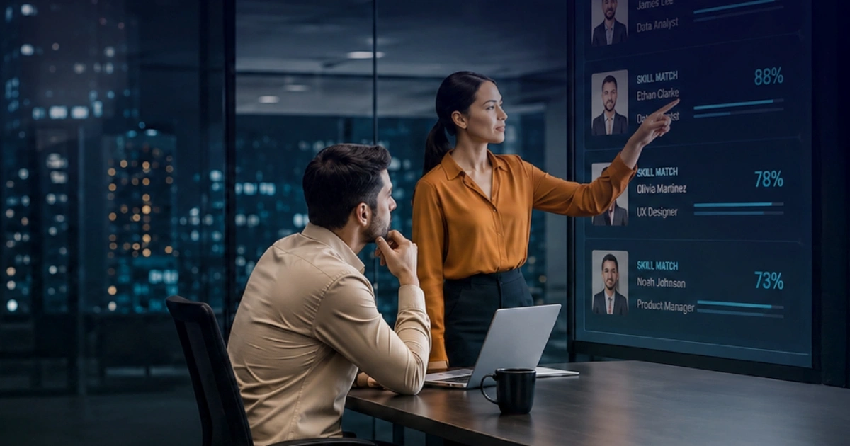 Team meeting in a modern office as a woman points at a large screen displaying candidate skill matches and scores (88%, 78%, 73%). The man watches, with a laptop and mug on the table.