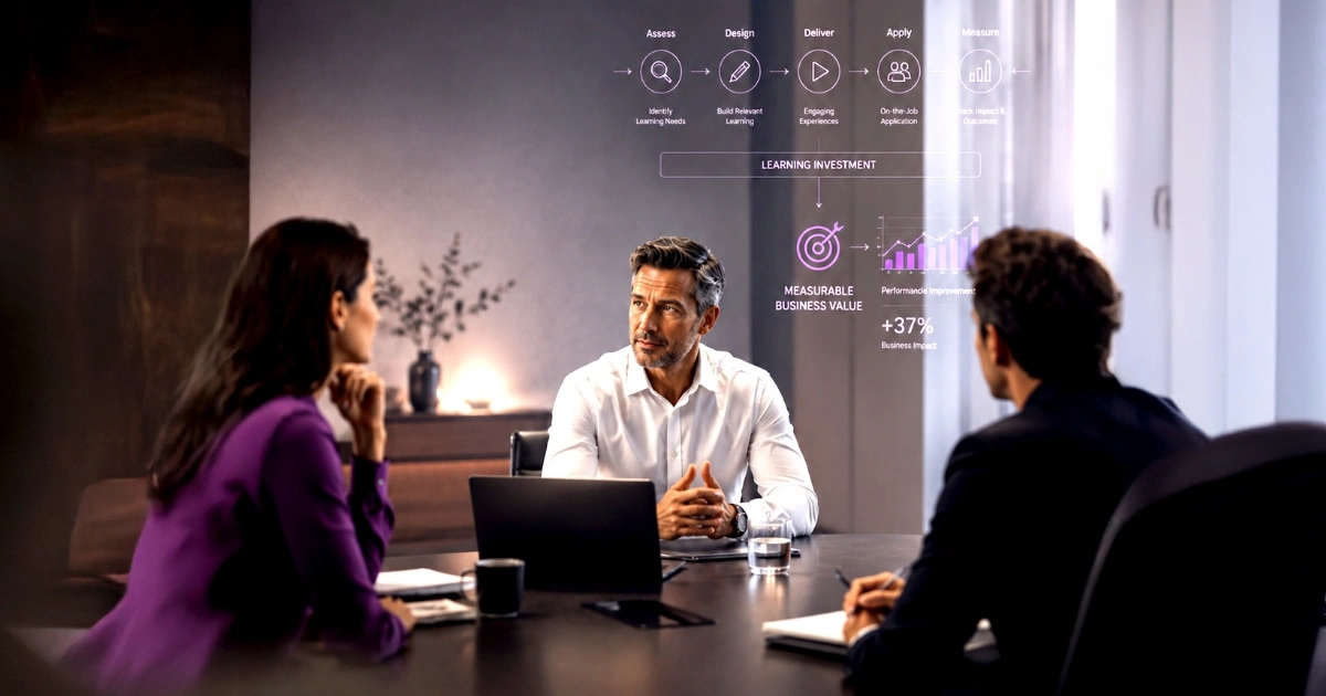 Three professionals in a boardroom discuss strategy while a transparent data dashboard hovers above them on the wall in front of a laptop.