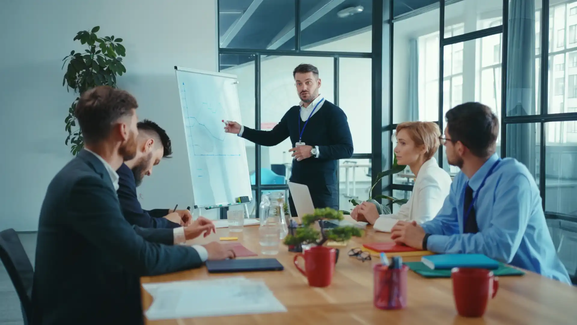 Man presents a data chart on a whiteboard to a group around a conference table.
