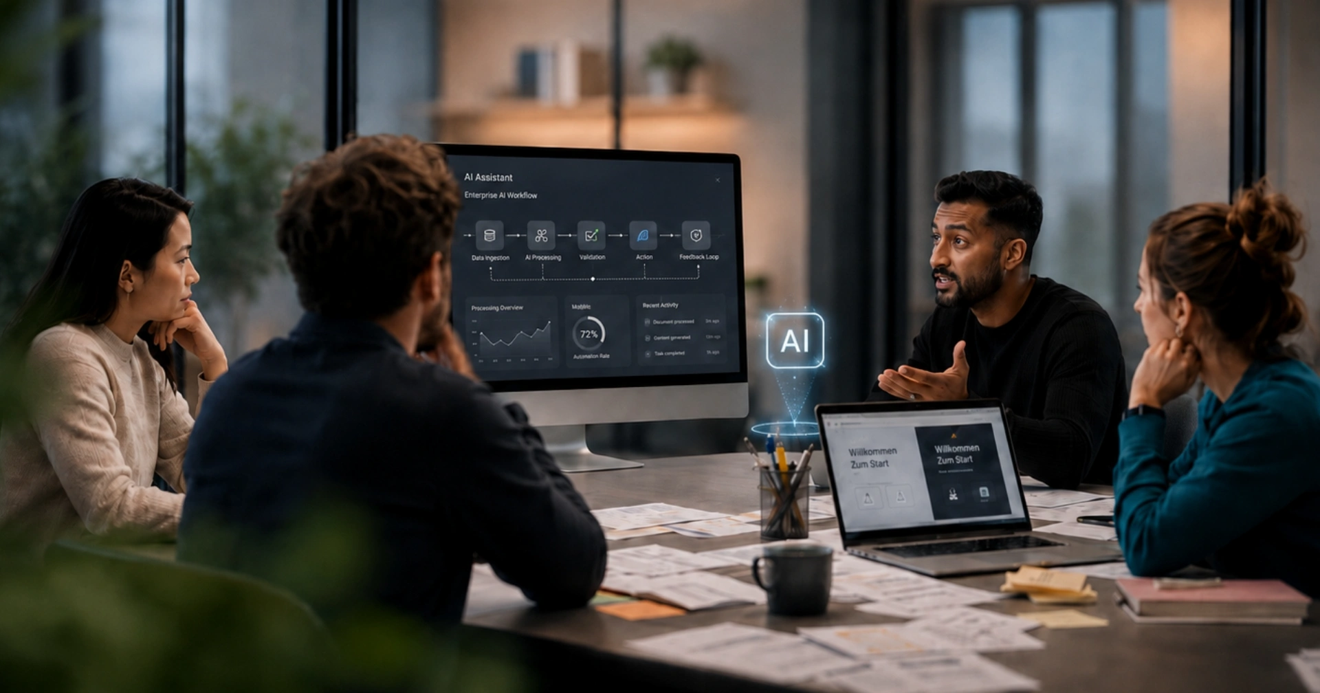 Team of four discussing an AI workflow displayed on a large monitor in a modern conference room