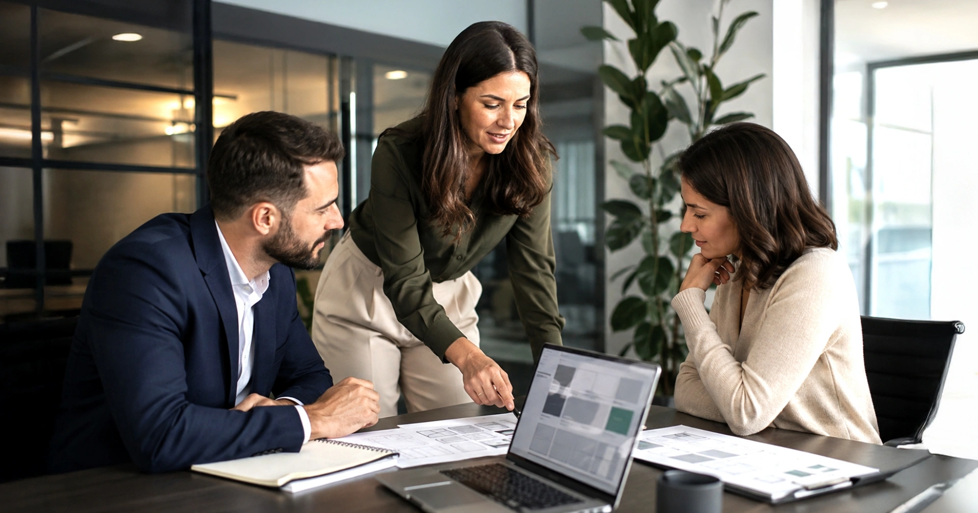 Three colleagues in a modern office review documents on a laptop and printed plans at a conference table.