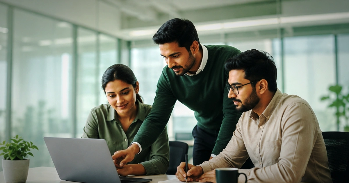 Three colleagues collaborate around a laptop on a bright office table.