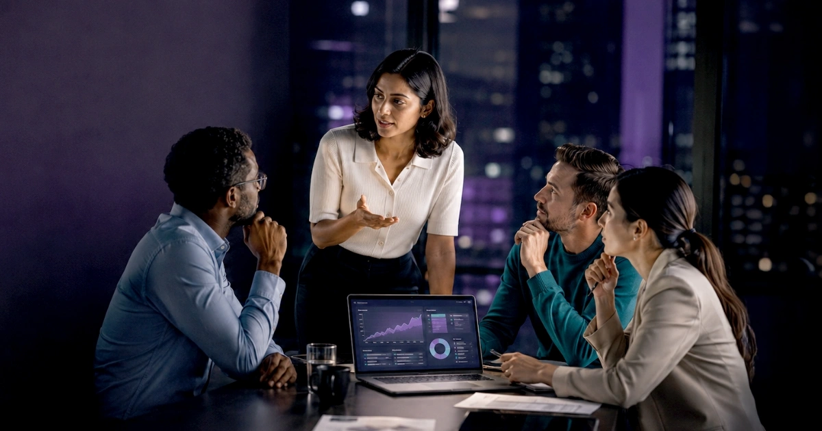 Woman stands and explains ideas to a diverse team around a conference table, a laptop showing charts in front of them at night.