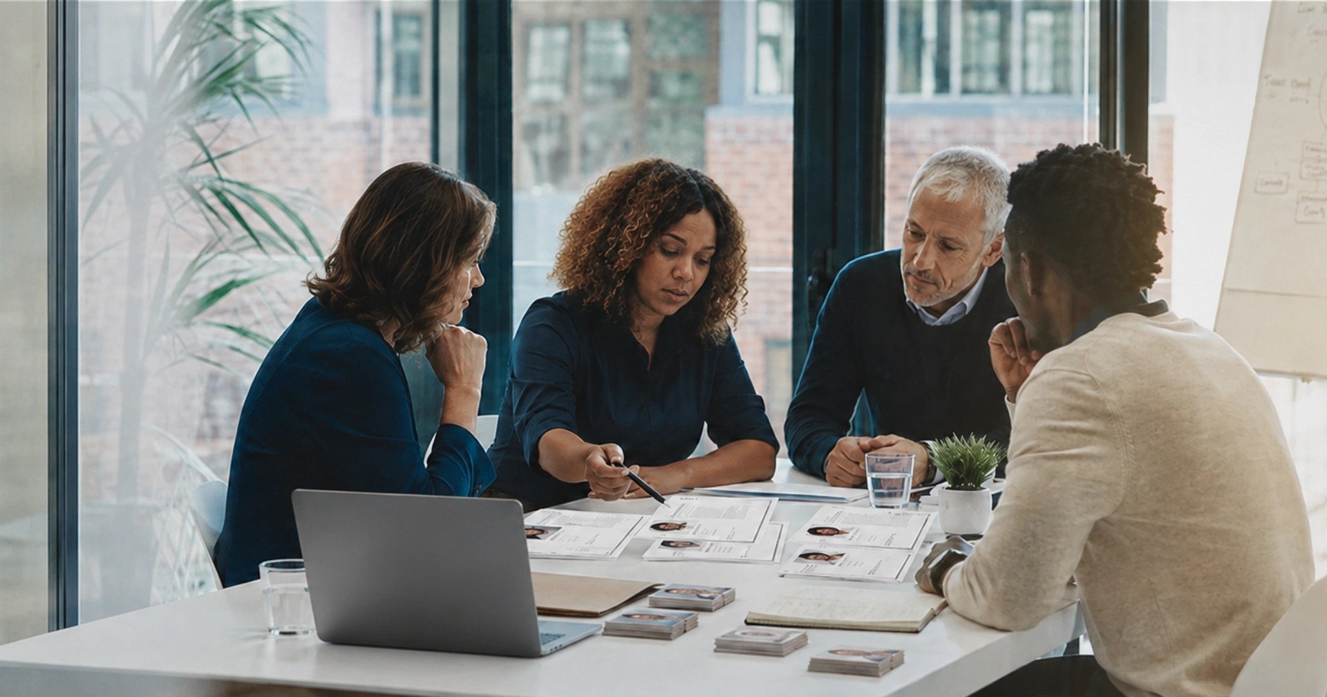 Four professionals sit around a white conference table in a glass-walled office, reviewing papers and headshots spread across the table with a laptop nearby.